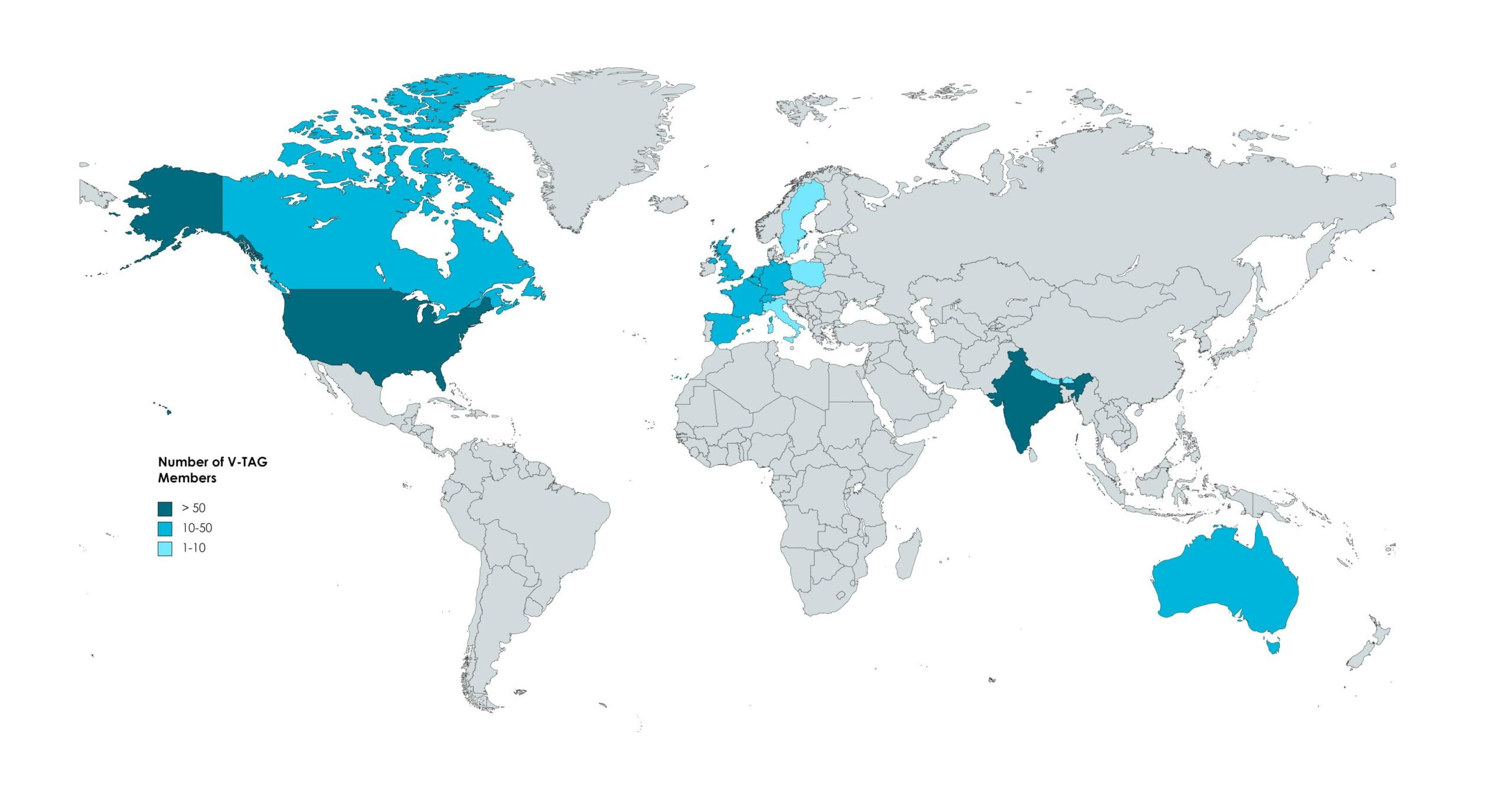 Map of global V-TAG chapters presence with an international reach of over 20 countries in 4 continents.